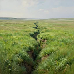 an expansive grassland with narrow crevasses, a narrow crevasse in a grassland, extremely detailed oil painting, unreal 5 render, rhads, sargent and leyendecker, savrasov levitan polenov, bruce pennington, studio ghibli, tim hildebrandt, digital art, landscape painting, octane render, beautiful composition, trending on artstation, award winning photograph, masterpiece