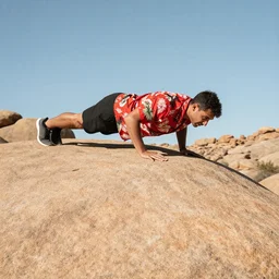 man wearing red hawaii shirt doing pushups on top of a giant boulder in the desert, photorealistic