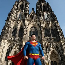 superman next to the cathedral of cologne, germany, volumetric lighting, sharp focus, ultra detailed, cgsociety - w 1 0 2 4 - n 8 - i