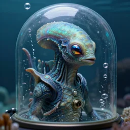 marine alien by julie bell, with intricate fish skin patterns, iridescent eyes, glass bubble helmet, escaping air bubbles, glass life support cocoon, detailed!, very sharp!!!