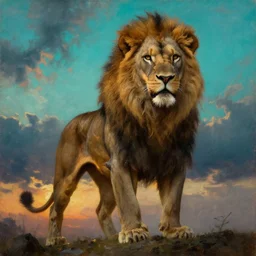 muscular lion as barbarian hunter, full body human legs , backlight  body , extreme very textured detailed panoramic portrait oil painting by rembrandt, sunset, dramatic clouds and cyan atmosphere