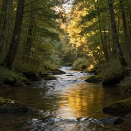river in a forest, golden hour, ray tracing reflection, 8 k, hyper realistic, insainly detailed, hdr, octan render