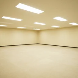 an large empty office space with offwhite stained carpet and wallpaper, fluorescent lights, yellow tint, liminal space, craigslist photo
