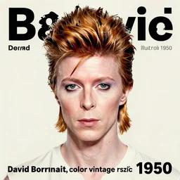 “David Bowie portrait, color vintage magazine illustration 1950”