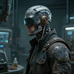 a masked rugged engineer man with cybernetic enhancements in a laboratory, scifi character portrait by greg rutkowski, esuthio, craig mullins, 1 / 4 headshot, cinematic lighting, dystopian scifi gear, gloomy, profile picture, mechanical, half robot, implants, steampunk