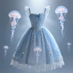 Bluedress design in the style of rococo ，Victorian era，jellyfish element，dreamy, soft ,Backlight ,luminescence，highly detailed,8k
