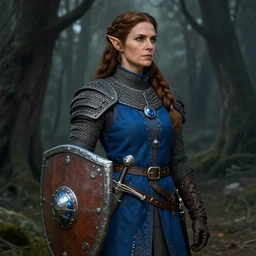 detail body portrait of pretty girl chain mail in the grim forest, blue surcoat, female, middle age, fantasy, digital art, award winning, scabbard, shield, round saphire medallion leather gloves, wide belt, elf, long weaving brown hair, 3 / 4, 5 1 s, celshading, sharp focus, intricate, looks right by loles romero, greg rutkowski, ilya kuvshinov