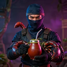 portrait of ninja scorpion holding a yerba mate gourd with metal straw, dramatic ambient lighting, high detail, vibrant colors
