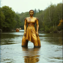 1 9 6 0 s vintage scanned color photo of a ancient rusted golden sculpture in the middle of a river, image by werner herzog, tarkovsky