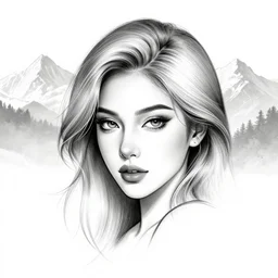 tattoo design sketch of a beautiful woman face against a background of beautiful mountains and nature, hyper - realistic, in the style of den yakovlev, amazing detail, black and white