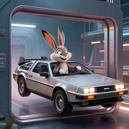 who framed roger rabbit, cinematic still, roger rabbit in a flying delorean, high quality, futuristic