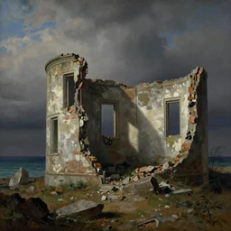 ruins by the sea, matte painted by gustav moreau
