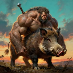 muscular humanoid hybrid boar with weapon and anthropomorphic human oversized mutant proportions and very hairy body , backlight  body , extreme very textured detailed intricate  painting by rembrandt, sunset, dramatic clouds cyan atmosphere