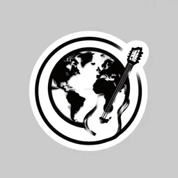 a logo of earth with guitar and paint brush, simple lineart, black and white, vector