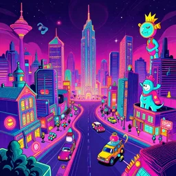 neon colors, trippy, 1 9 5 0 s cartoons, multiverse, psychedelic, little town civilization