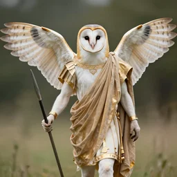 humanoid barn owl with wings wearing a roman toga and holding a javelin