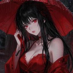 beautiful seductive female ghost, in the rain, highly detailed, painting, dark red and black color palette, intricate, high quality anime artstyle, in the style of sana takeda