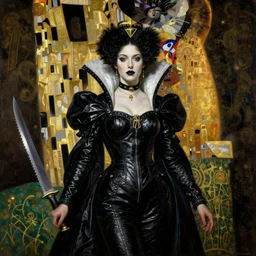 highly detailed oil painting | very intricate | cinematic lighting | black, white and gold color scheme, dark background | the queen of sawblades by harris nukem, dressed in leather | by roberto ferri, by gustav moreau, by singer sargent and klimt, american romanticism, occult art | by austin osman spare, artstation, cgsociety, official art, octane