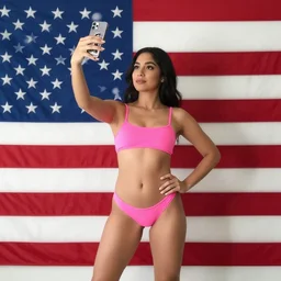a selfie photo of woman in a tiny pink top holding up a cell phone in front of an american flag wall with her hand on her hip and a phone in her other hand, a picture by isabel naftel, instagram, superflat, full body, sensual, colorful