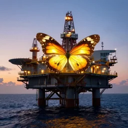 in the evening, a large, glowing butterfly lands on an offshore oil platform, by craig mullins