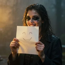 a charismatic gracious woman ( in the dark ), with smudged black makeup!, holds a piece of paper in front of her mouth!!! with a smile drawn onto it!!!. highly detailed digital painting in the style of rossdraws, atmospheric lighting!!, ( stylised ), fog, rain, volumetric lighting, beautiful, ( ( golden hour ) ), sharp