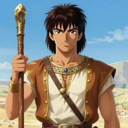 A realistic anime portrait of a young handsome male with middle eastern skin wearing 1500 BCE clothing, wooden rod, colored, digital painting, by Frank Frazetta and Yusuke Murata, concept art, highly detailed, promotional art, HD, digital painting, trending on ArtStation, golden ratio, rule of thirds