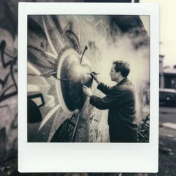 detailed medium format photo, polaroid still from tarkovsky movie, dr. apple doing an amazing piece of graffiti on a wall, haze, high production value, intricate details, 8 k resolution, hyperrealistic, hdr, photorealistic, high definition, technicolor, award - winning photography, masterpiece, black and white, grungy