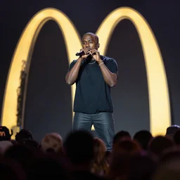 kanye west performing a concert at a mcdonalds, audience pov, 2 0 1 6