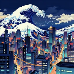 Hokusai cyberpunk city