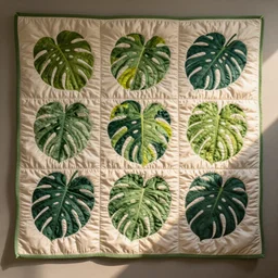 a decorative quilt with monstera adsonii pattern, warm lighting,