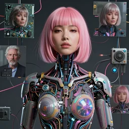 portrait of a beautiful asian woman with pink hair as a cyberpunk cyborg, sci - fi, missing panels, electronics, wires and circuit boards, intricate abstract upper body intricate artwork, concept art, octane render, deviantart, cinematic, key art, hyperrealism, iridescent accents, portrait photograph, nikon 3 5 mm, photograph by annie leibovitz and steve mccurry, greg rutkowski