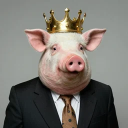 A portrait of a humanoid pig wearing a suit and gold crown, by Salvador Dali and Lisa Frank