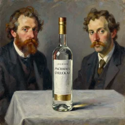 award winning ultrafine detailed painting of a glass vodka bottle on top of a table, still life by julian schnabel and john chamberlain, tonalism, oil on canvas, surrealist painting, behance, academic art