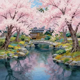 japanese water garden with cherry blossom trees, detailed matte painting + hyperdetailed + yoshitoshi abe concept art + detailed painting + hypermodernism + airbrush art + kintsugi + chako abeno anime