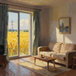 hyper detailed 3d render like a Oil painting - the lonely living room, light and shadow, yellow wheat fields and electric poles outside, by Jacek Yerka, Mariusz Lewandowski, Houdini algorithmic generative render, Abstract brush strokes, Masterpiece, Edward Hopper and James Gilleard, Zdzislaw Beksinski, Mark Ryden, Wolfgang Lettl, hints of Yayoi Kasuma, octane render, 8k