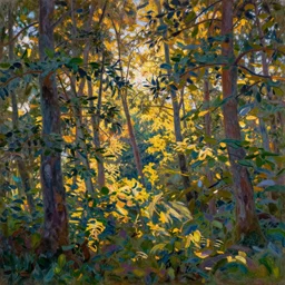 An aesthetically pleasing, dynamic, energetic, lively, well-designed digital art of trees inside a forest during golden hour, light and shadow, caustics, by Claude Monet, superior quality, masterpiece, excellent use of negative space. 8K, superior detail.