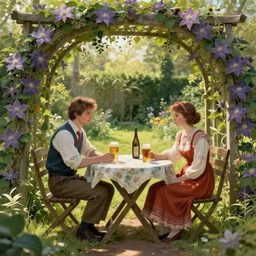 man and woman sitting at table in garden. on the table there is beer and wine. the sun shines. folk horror style art. detailed. clematis. arbour