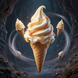 stunning person comprised of ice cream cones and vanilla ice cream caramel swirl conglomerate, centrifugal forces, dark dream valley backdrop, intricate detail, greg rutkowski, rule of thirds, octane render, trending on artstation, 6 k
