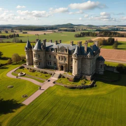 overhead shot, wide angle photograph of hygge castle with elegant fancy architecture in idyllic rolling scottish fields, sunny