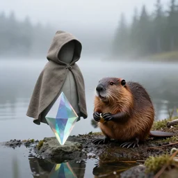 a beaver, wearing a hooded cloak, stands next to a levitating prism, foggy lake, by alan bean