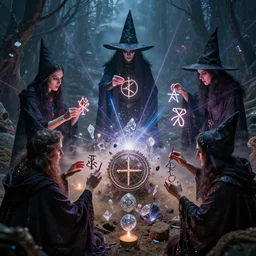 witches creating sigils to perform magick, photorealistic, technical, royo, frazetta, giger, leds, dust, laser light, crystalline shimmers, chaos, complexity, emergence,