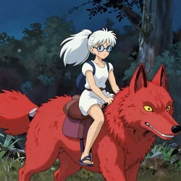 a white haired girl with a ponytail riding a giant red wolf wearing glasses, from the film princess mononoke by studio ghibli and makoto shinkai, trending on pixiv and artstation