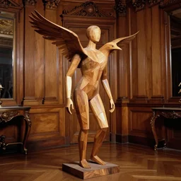 realistic photo portrait of the a sculpture of a person morphing into a bird made of wood, poorly designed standing in the wooden polished and fancy expensive wooden interior room 1 9 9 0, life magazine reportage photo