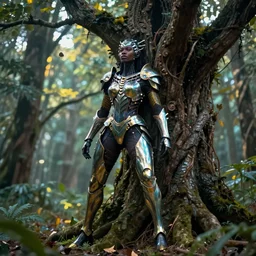 hyperrealistic magic realism cinematic super expressive! black woman with exoskeleton armor, merging with tree in a forest, highly detailed digital art masterpiece, smooth cam de leon eric zener dramatic pearlescent soft teal yellow light, ground angle hd 8 k, sharp focus