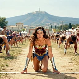gal gadot as wonder woman, at the 2 0 0 - meter starting line, ancient greek olympic trials, mount olympus can be seen off in the distance, sports photography in the style of neil leifer