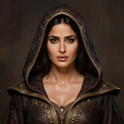 head-on centered symmetrical painted portrait, Katrina Kaif as a D&D Mage, hood, intricate fantasy robes, fantasy, intricate, elegant, highly detailed, digital painting, smooth, sharp focus, illustration, dramatic lighting, artstation, in the style of Artgerm and Anna Podedworna