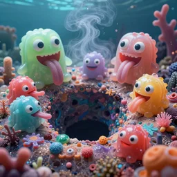 of a colorful deep sea crater with strange cute jello happy creatures with huge eyes, mouth, long tongue and round teeth appearing from smokey background, in the style of gehry and gaudi, macro lens, shallow depth of field, ultra detailed, digital painting, trending artstation, concept art, illustration, cinematic lighting, photorealism, epic, octane render