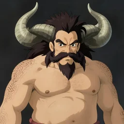 a middle - aged man with bulk muscles and black hair consists of an unruly, mostly swept - back mane and waist - length fu manchu mustache and spiked goatee, massive pair of gray - white, sharp - pointed horns coming out of its sides, path traced, highly detailed, high quality, digital painting, by studio ghibli and alphonse mucha, leesha hannigan, hidari, disney