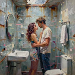 a beautiful painting by alex kanevsky and christian hook of a couple in a glitched bathroom, metal rust and plaster materials, pixel sorting, color bleeding, brushstrokes by jeremy mann