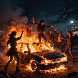 night life people around a burning car dancing, fantasy, highly detailed, art by greg rutkowski
